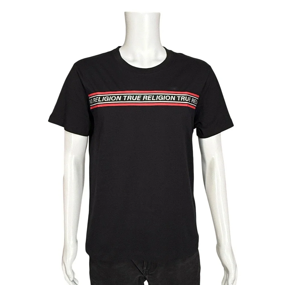 True Religion Brand Jeans Mens Black Contrast Logo Short Sleeve Tee Shirt Size M